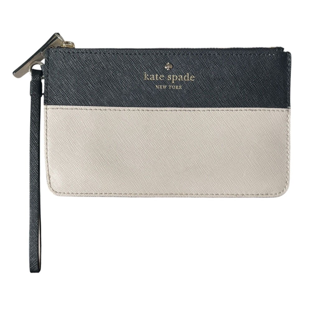 Kate Spade New York Colorblock Wristlet Wallet Beige Black Zipper Strap READ
